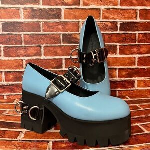Current Mood NIB End Of Pretend Two Tone Mary Janes Skulls Goth Lt Blue SZ 10